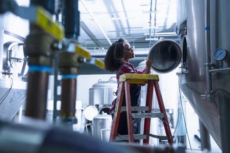 Mid adult woman in brewery on stepladder looking into conical fermentation tank